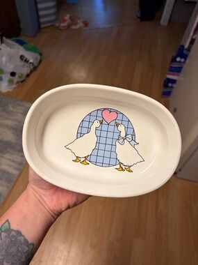 White Ceramic Silly Goose Dish with Blue Grid & Duck Motif